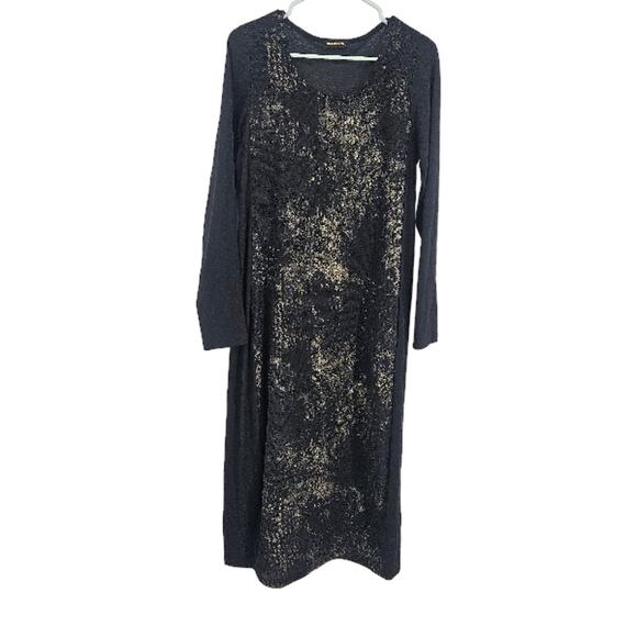 Alembika Dress Black Gold Textured Crinkled Long Sleeve Maxi Pockets Size 2 - Picture 1 of 5